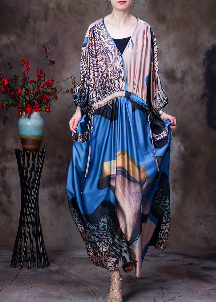 Boho Blue V Neck Patchwork Print Drawstring Pockets Silk Dress Long Sleeve