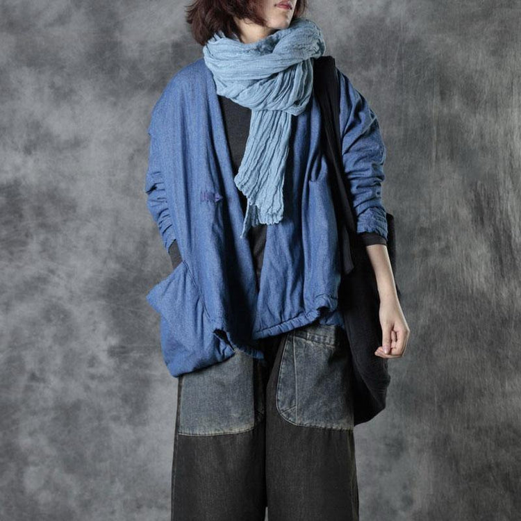 Boho Blue V Neck Pockets Cotton Winter Long sleeve Coat - Omychic