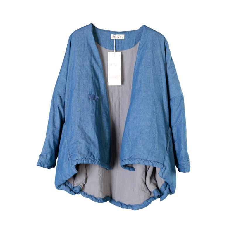 Boho Blue V Neck Pockets Cotton Winter Long sleeve Coat - Omychic