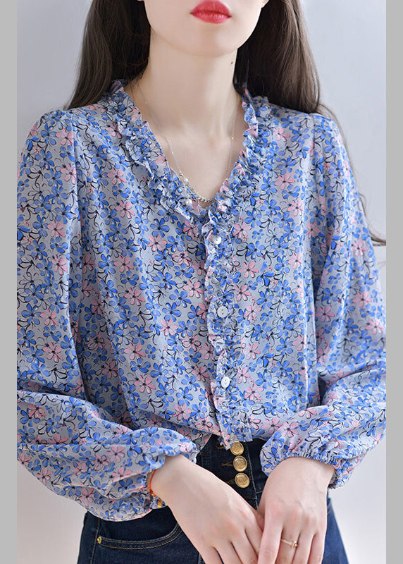 Boho Blue V Neck Print Button Silk Shirt Spring