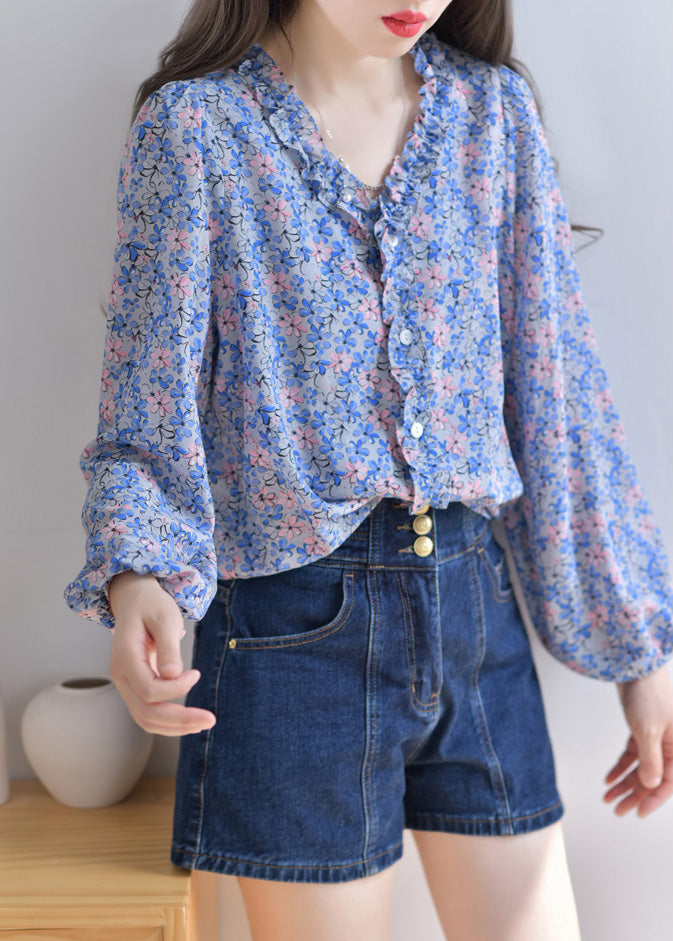 Boho Blue V Neck Print Button Silk Shirt Spring