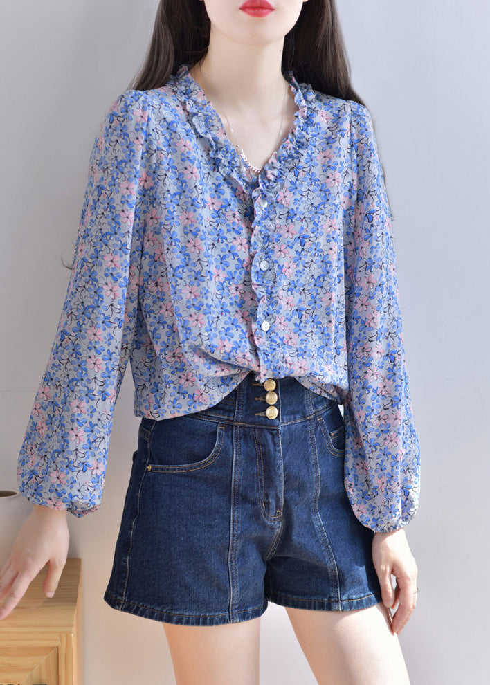 Boho Blue V Neck Print Button Silk Shirt Spring