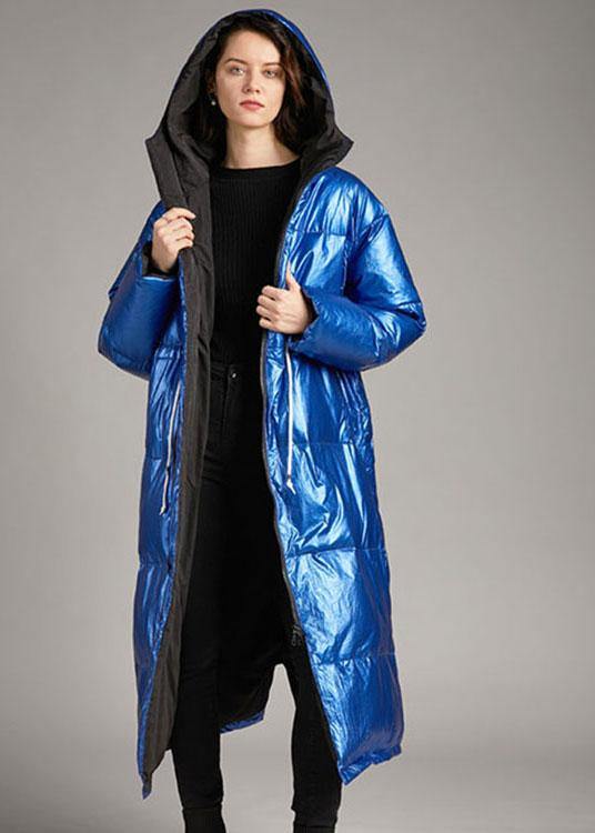 Boho Blue hooded Pockets long Winter Duck Down down coat - Omychic