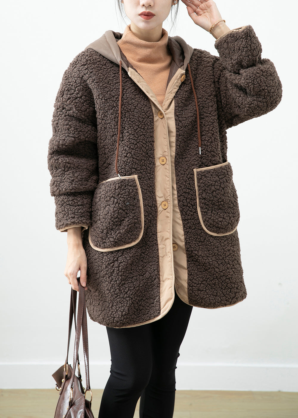 Boho Chocolate Hooded Patchwork Pockets Teddy Faux Fur Coats Winter