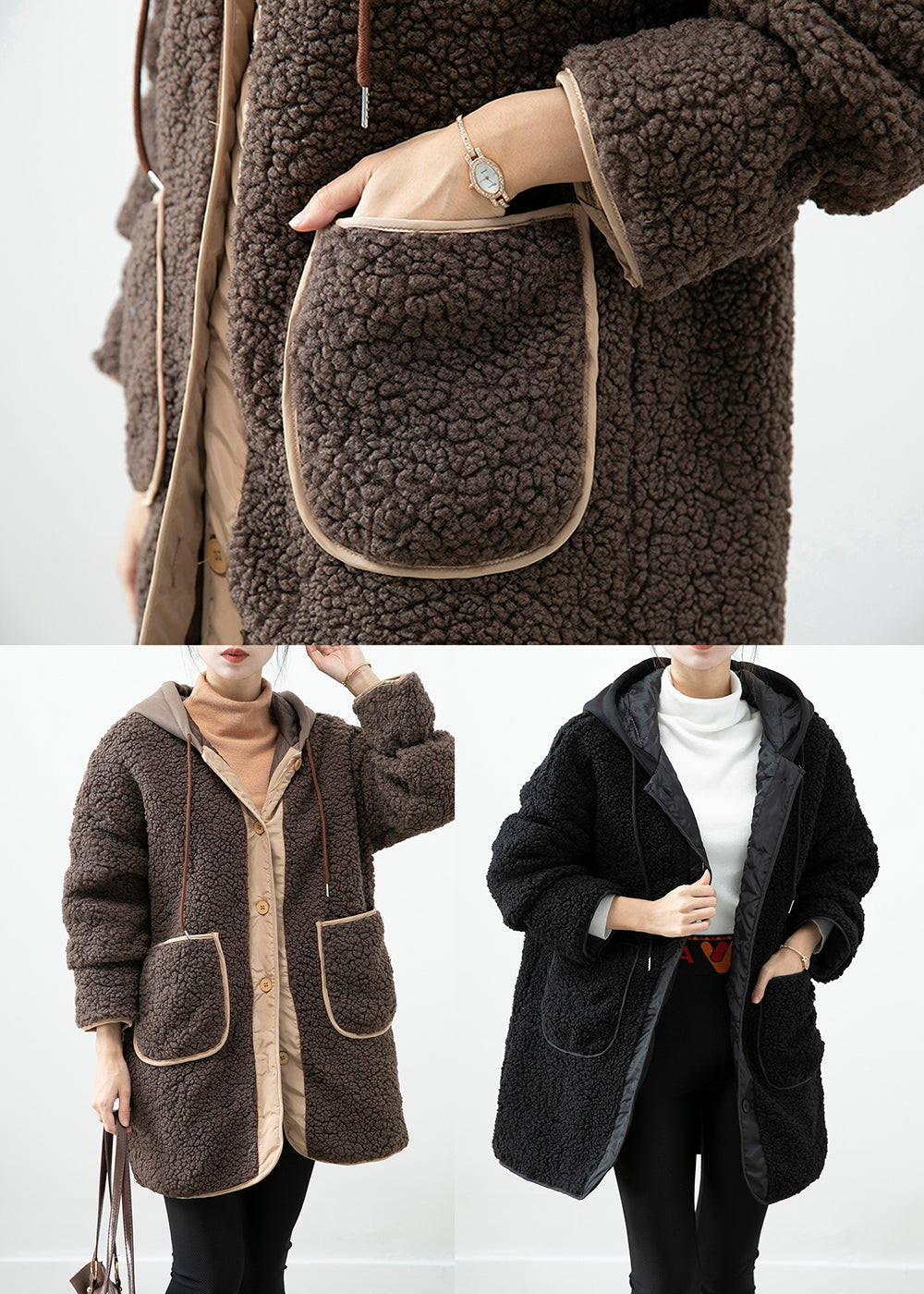 Boho Chocolate Hooded Patchwork Pockets Teddy Faux Fur Coats Winter