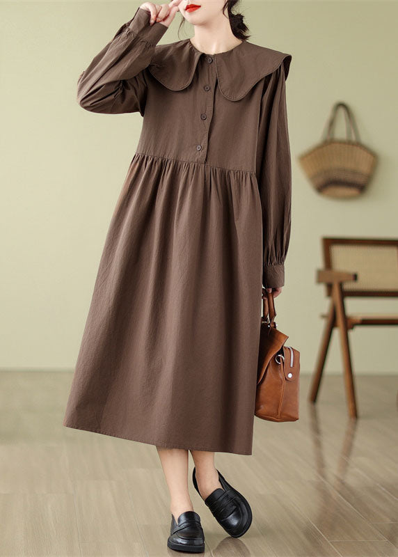 Boho Coffee Wrinkled Button Long Dress Long Sleeve