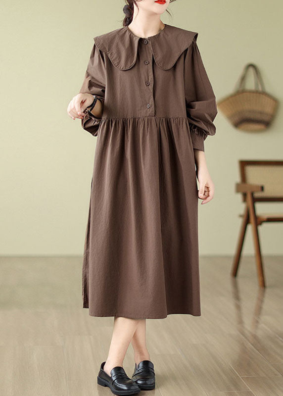 Boho Coffee Wrinkled Button Long Dress Long Sleeve