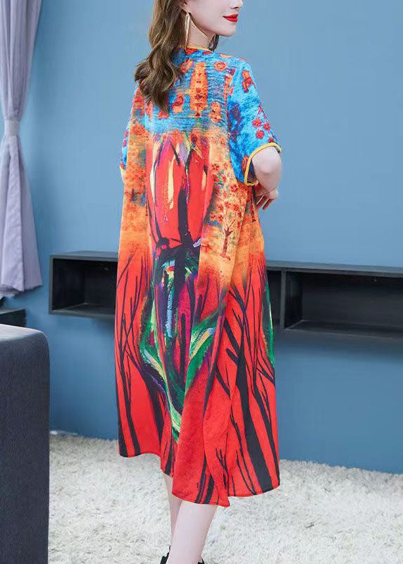 Boho Colorblock O Neck Print Patchwork Chiffon Dresses Summer