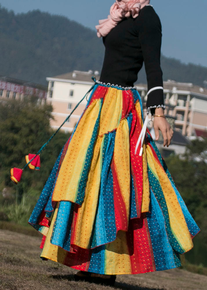Boho Colorblock Striped Asymmetrical Design Patchwork Cotton Skirts Fall