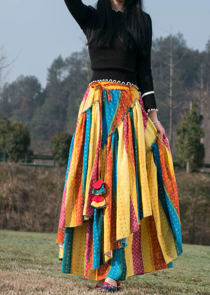 Boho Colorblock Striped Asymmetrical Design Patchwork Cotton Skirts Fall