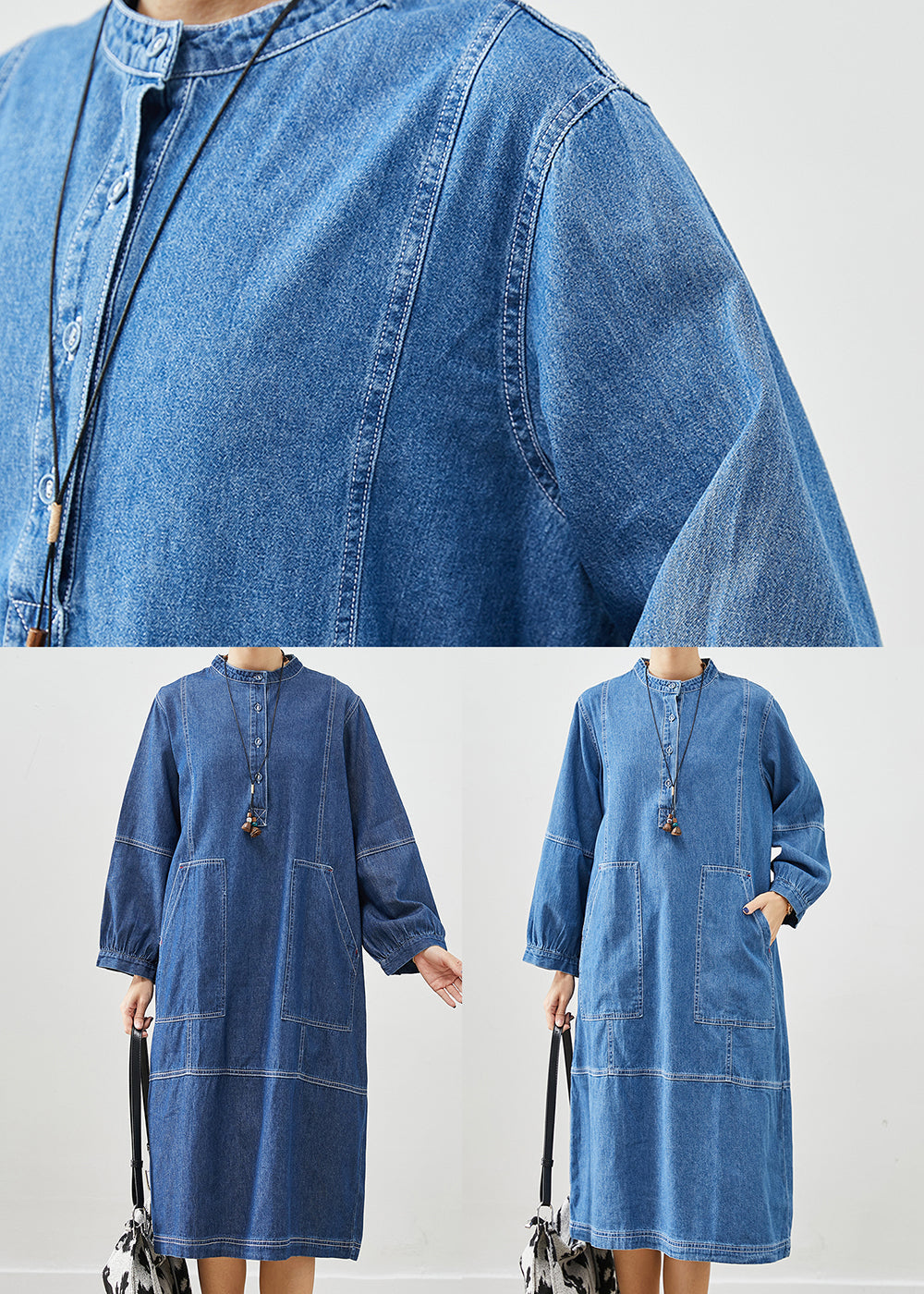 Boho Dark Blue Oversized Patchwork Cotton Vacation Dresses Fall