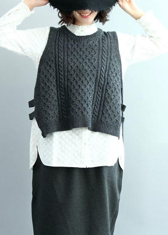 Boho Dark Gray O-Neck Side Open low High Design Fall Knit Vest - Omychic