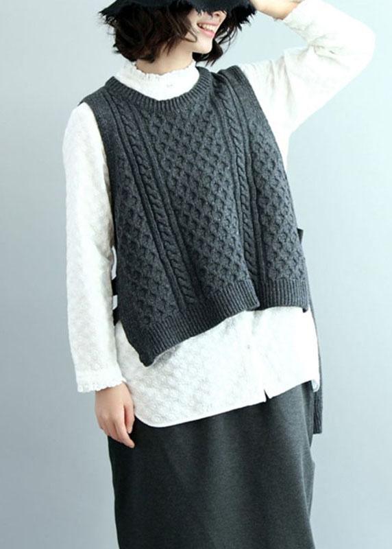 Boho Dark Gray O-Neck Side Open low High Design Fall Knit Vest - Omychic