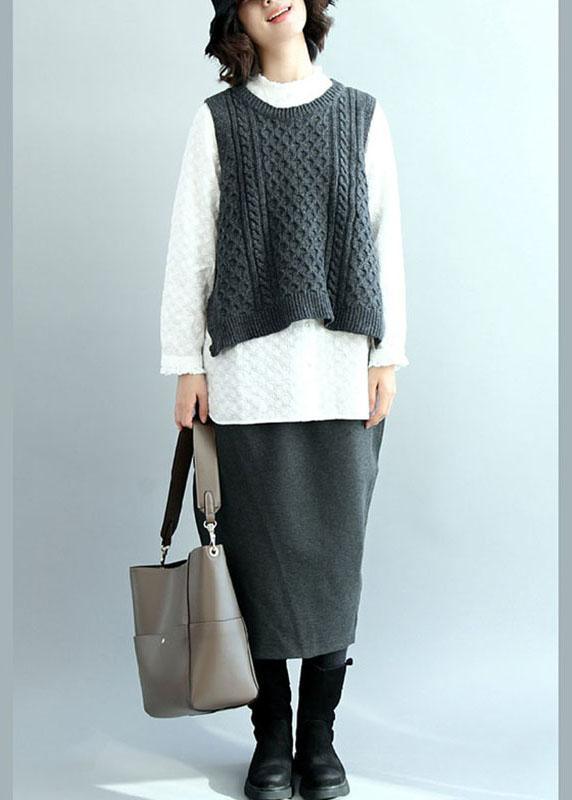 Boho Dark Gray O-Neck Side Open low High Design Fall Knit Vest - Omychic