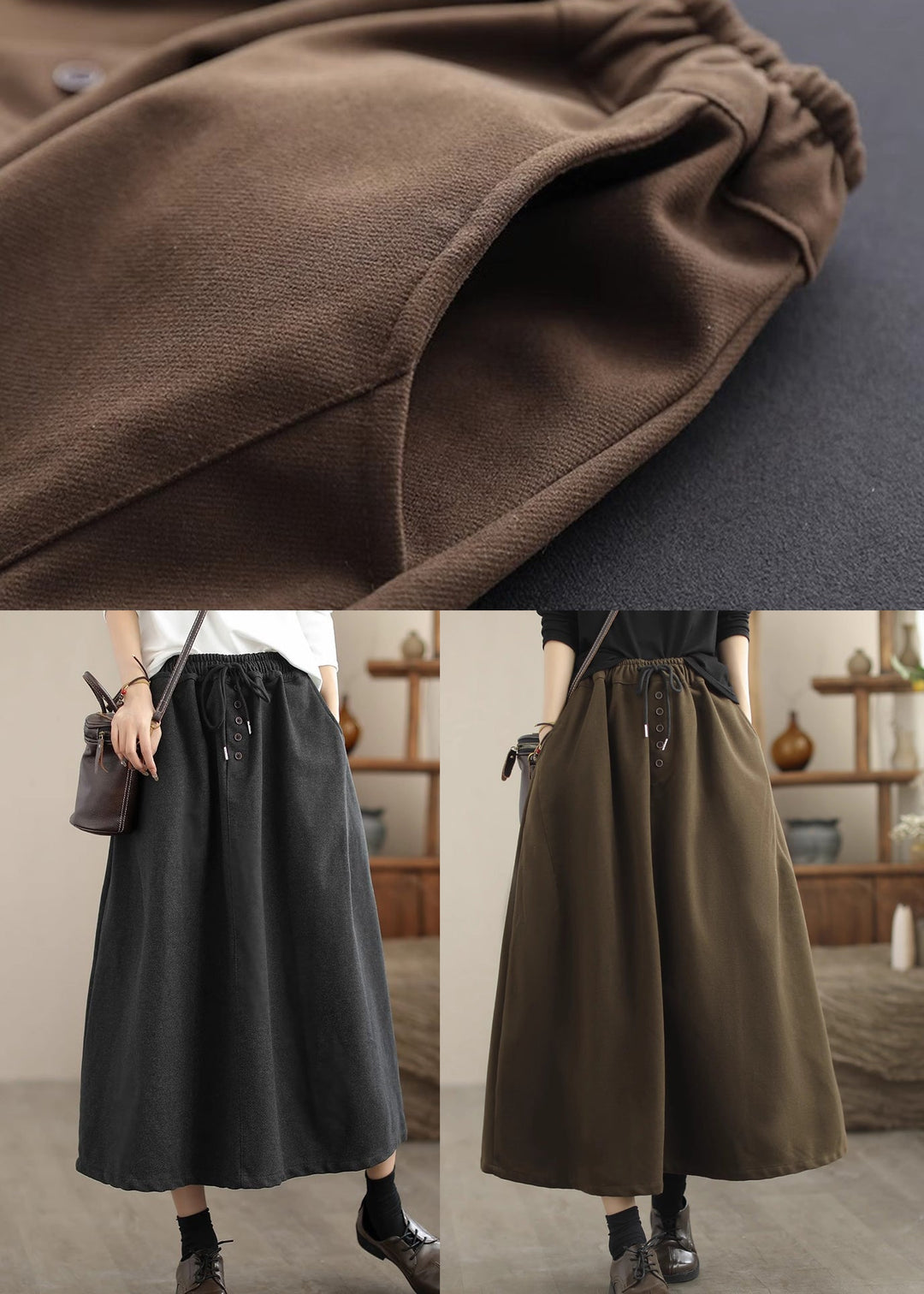 Boho Dull Grey Drawstring Exra Large Hem Woolen Skirt Spring