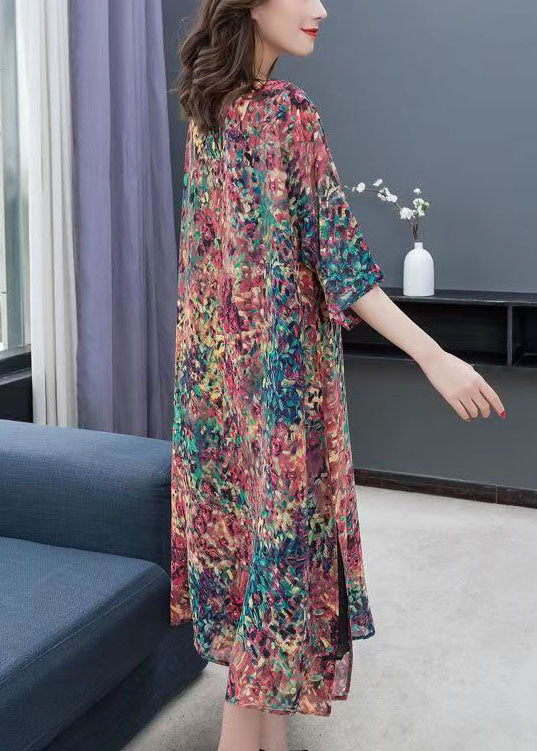 Boho Floral O Neck Print Side Open Patchwork Chiffon Dress Summer