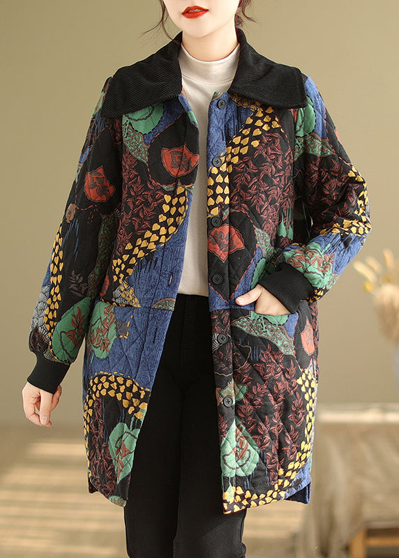 Boho Floral Pockets Thick Warm Fine Cotton Filled Coat Winter