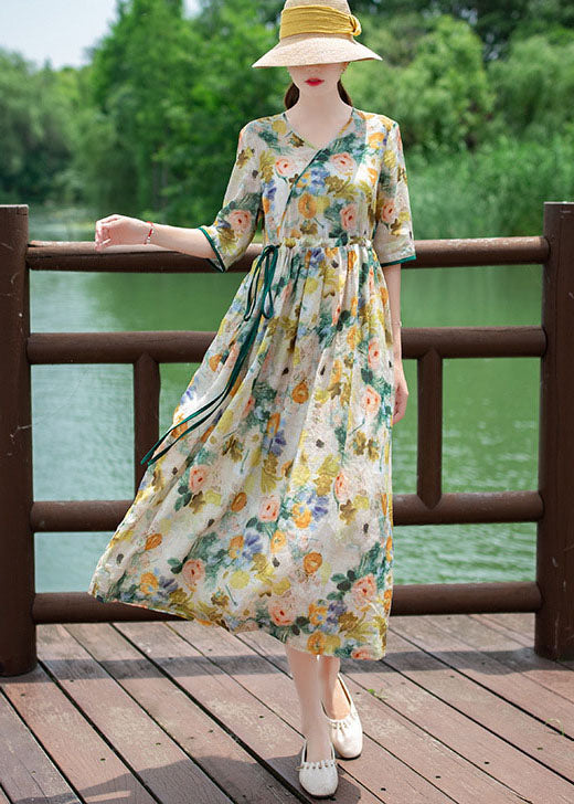 Boho Floral V Neck Drawstring Patchwork Linen Dress Summer