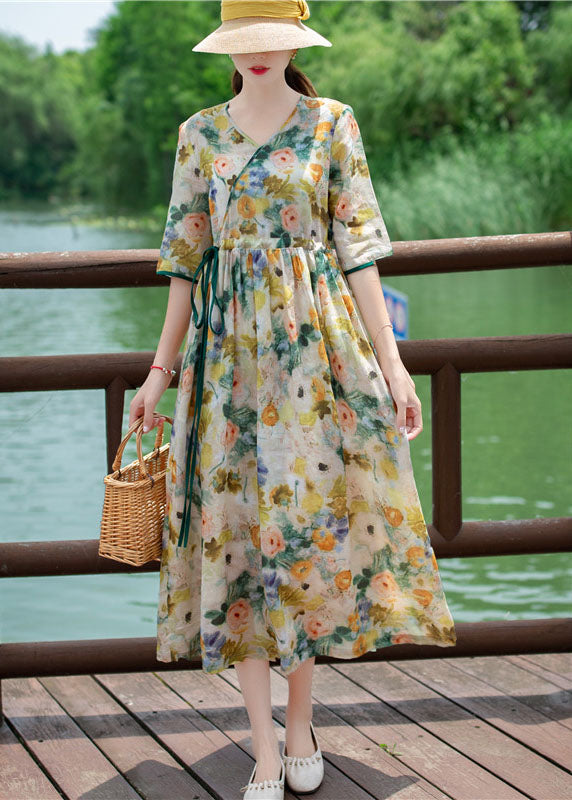 Boho Floral V Neck Drawstring Patchwork Linen Dress Summer
