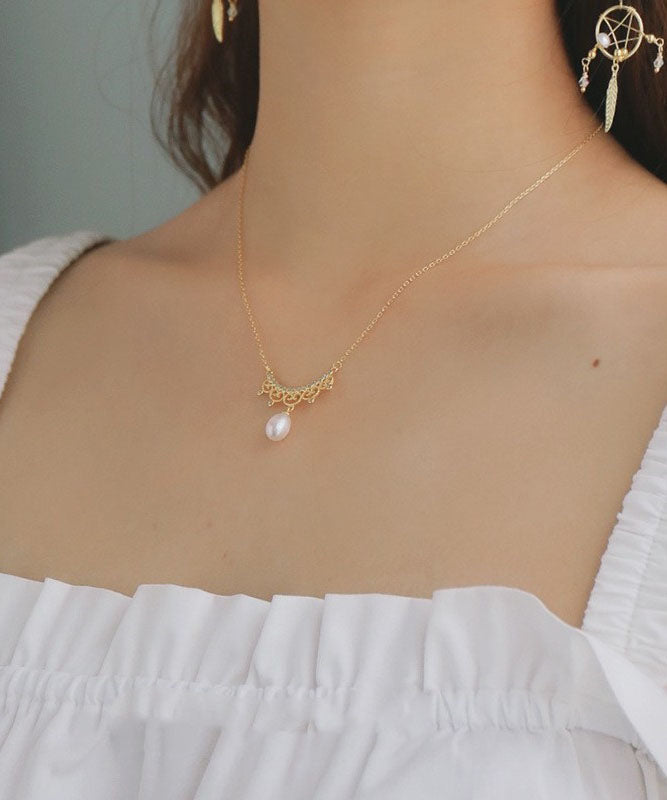 Boho Gold Alloy Zircon Leace Pearl Pendant Necklace