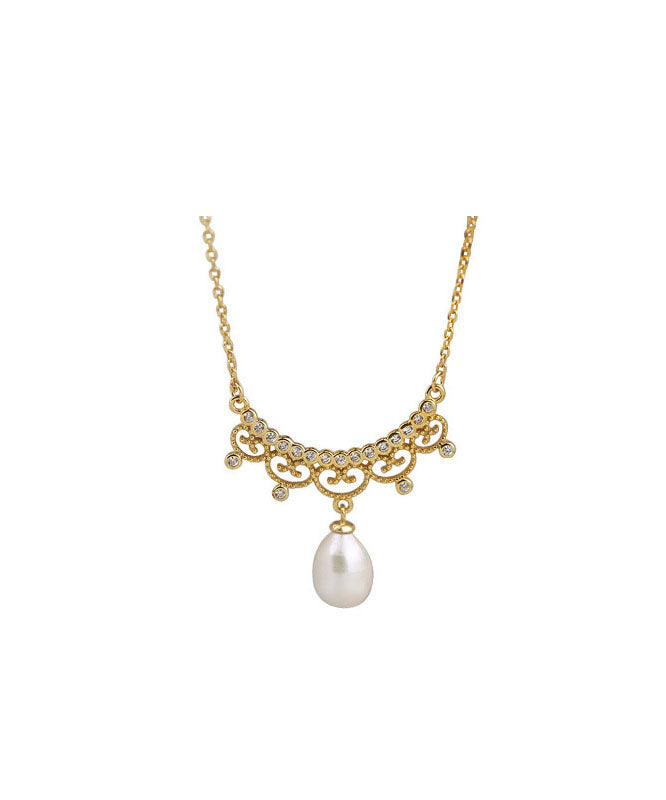 Boho Gold Alloy Zircon Leace Pearl Pendant Necklace