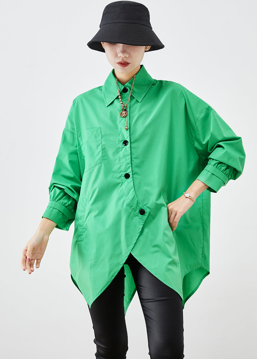 Boho Green Asymmetrical Button Down Cotton Shirt Fall