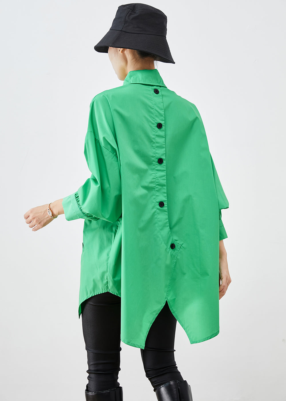 Boho Green Asymmetrical Button Down Cotton Shirt Fall
