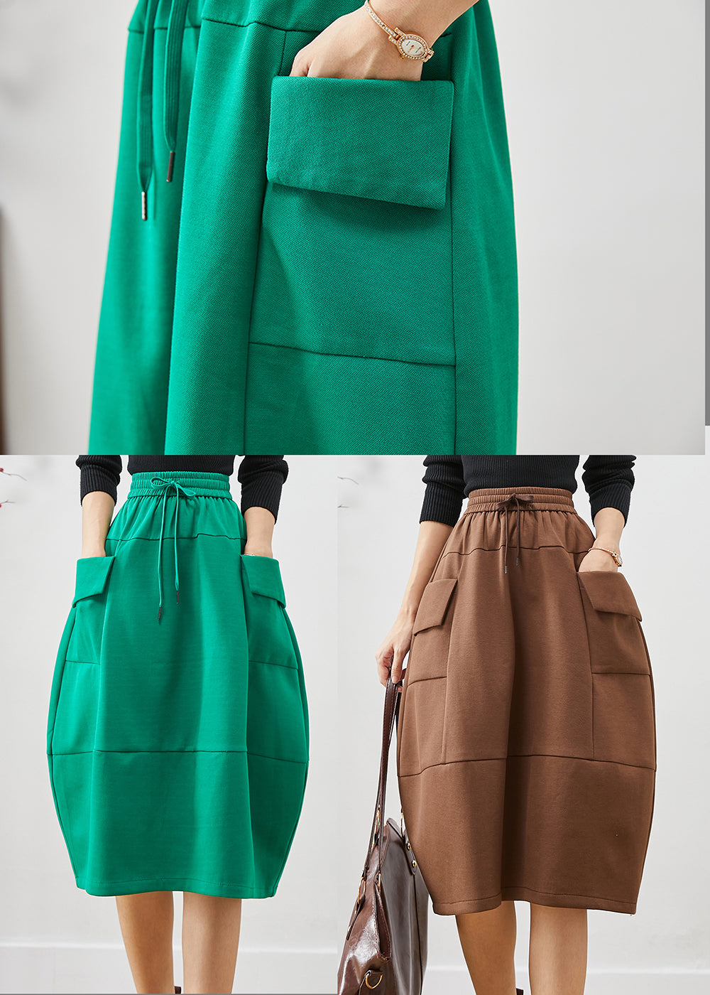 Boho Green Elastic Waist Patchwork Cotton Skirts Fall