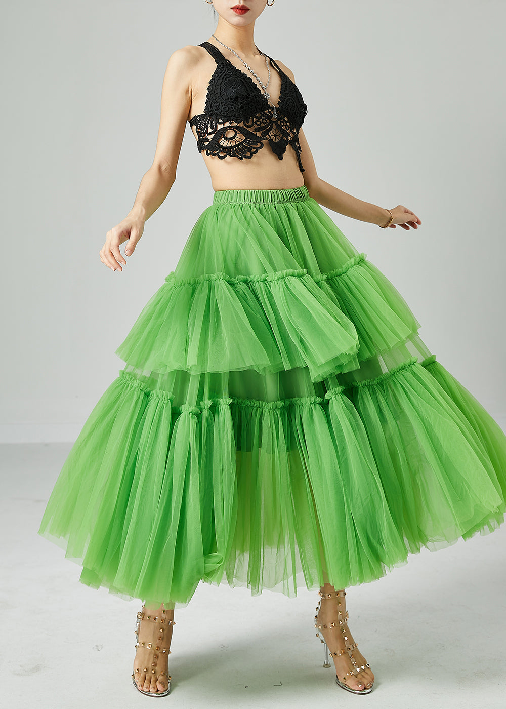 Boho Green Elastic Waist Patchwork Wrinkled Tulle Skirts Summer