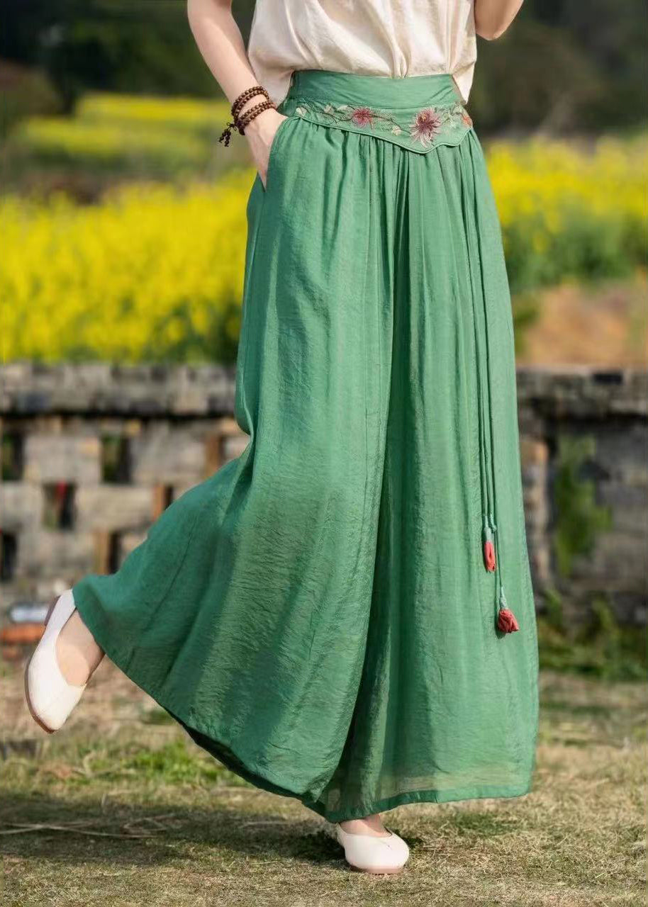 Boho Green Embroideried Pockets Tasseled Patchwork Silk Wide Leg Pants Summer