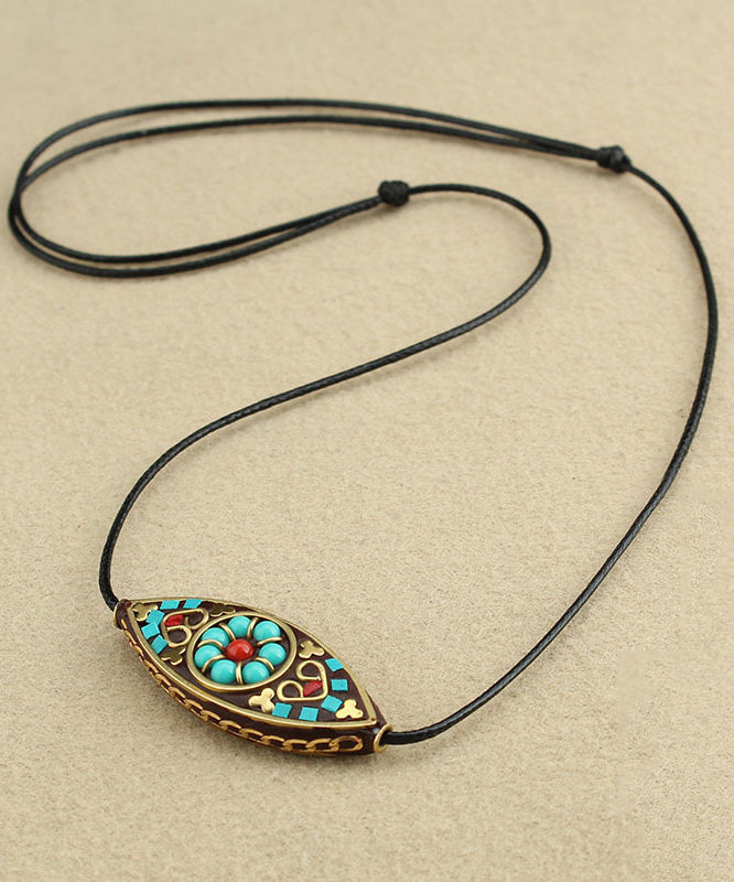 Boho Green Hand Knitting Copper Turquoise Pendant Necklace