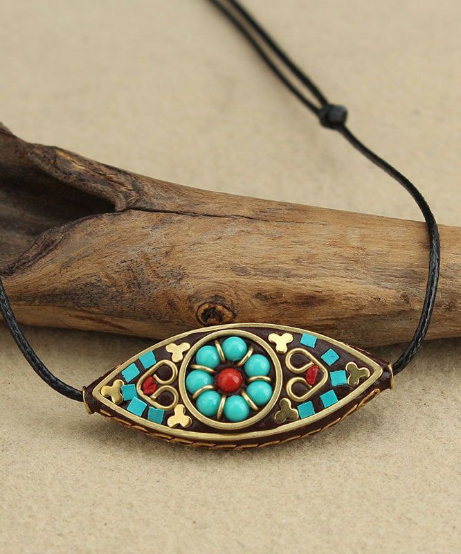 Boho Green Hand Knitting Copper Turquoise Pendant Necklace