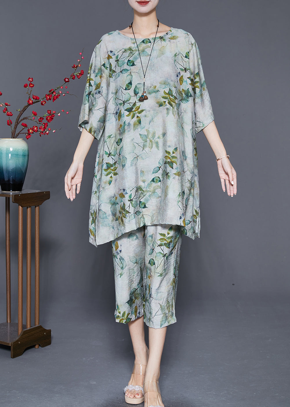 Boho Green O-Neck Leaf Print Linen Two Pieces Set Summer