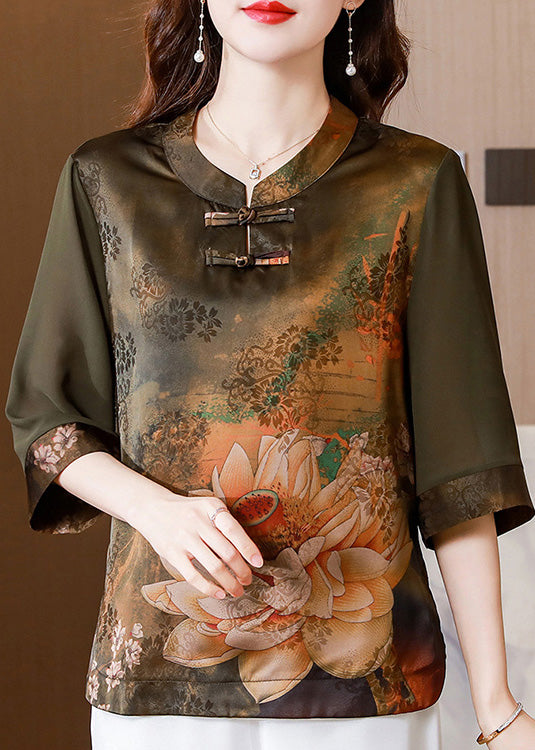 Boho Green O-Neck Print Button Silk Top Half Sleeve