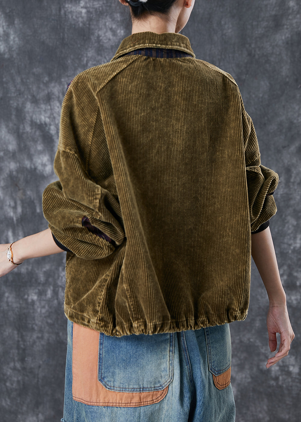 Boho Green Oversized Patchwork Corduroy Sweatshirts Top Spring