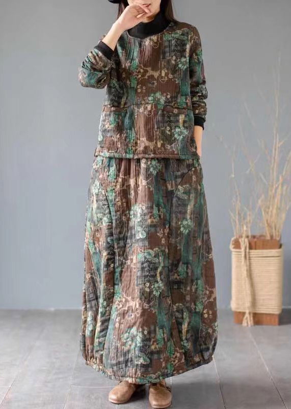 Boho Green Print Pockets Tops And Skirts Cotton Two Piece Set Fall