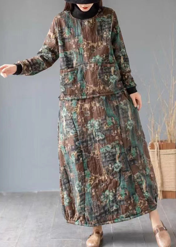 Boho Green Print Pockets Tops And Skirts Cotton Two Piece Set Fall