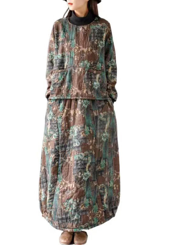Boho Green Print Pockets Tops And Skirts Cotton Two Piece Set Fall