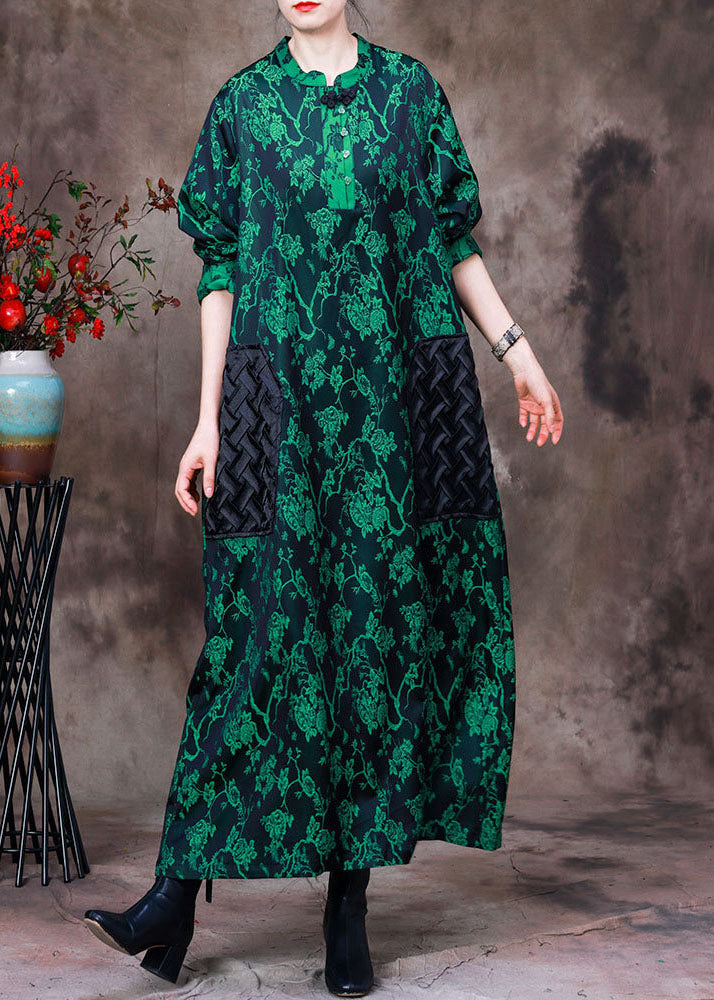 Boho Green Stand Collar Jacquard Patchwork Silk Long Dress Long Sleeve