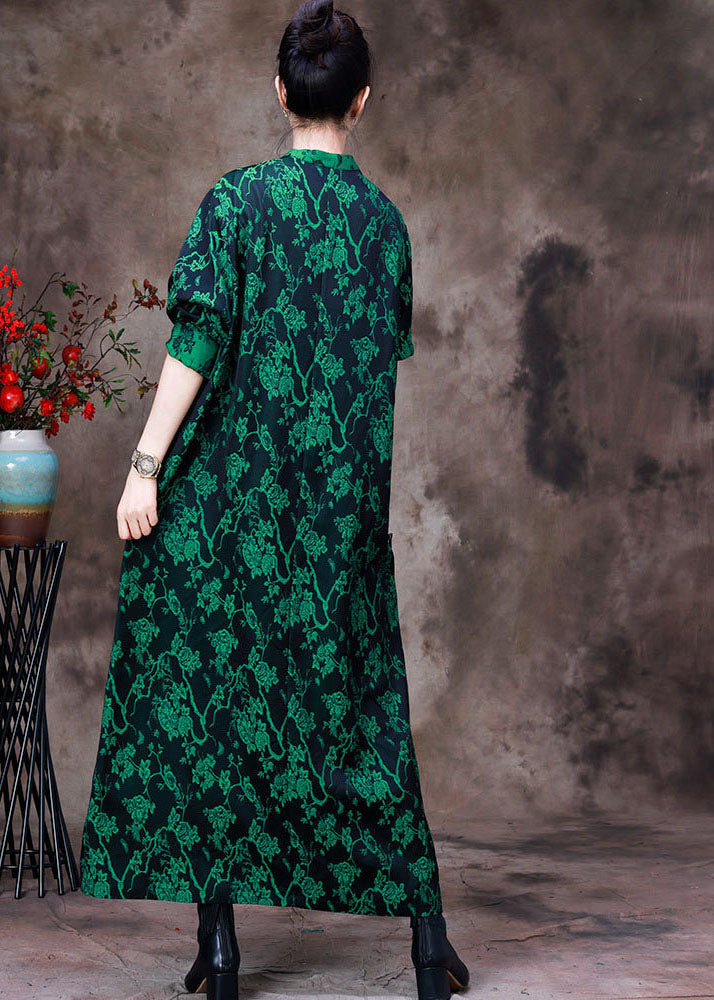 Boho Green Stand Collar Jacquard Patchwork Silk Long Dress Long Sleeve