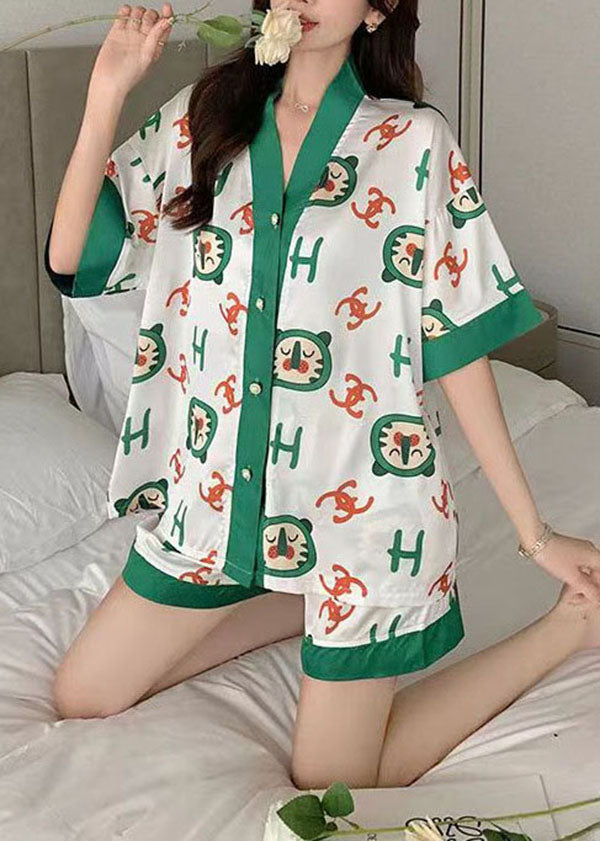 Boho Green V Neck Print Button Ice Silk Pajamas Two Pieces Set Summer