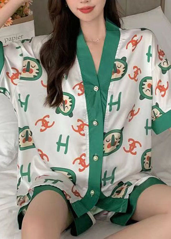 Boho Green V Neck Print Button Ice Silk Pajamas Two Pieces Set Summer