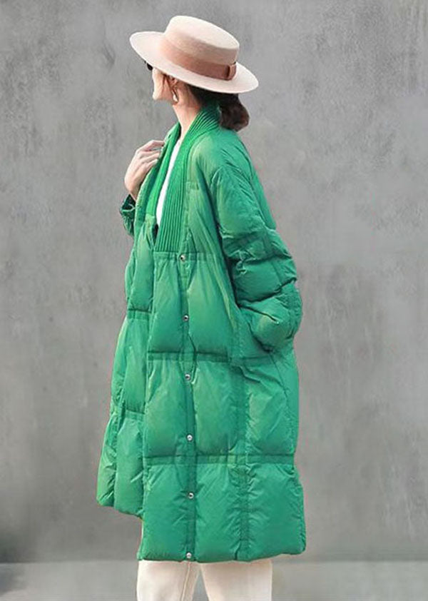 Boho Green V Neck Solid Thick Duck Down Down Jacket Winter