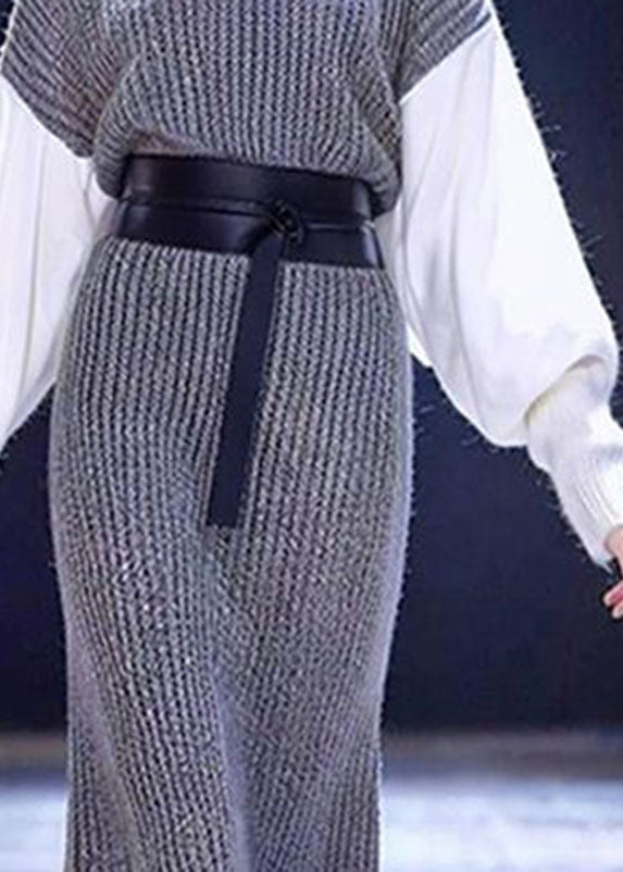 Boho Grey O-Neck Patchwork Tie Waist Cotton Knit Sweater Dress Long Sleeve