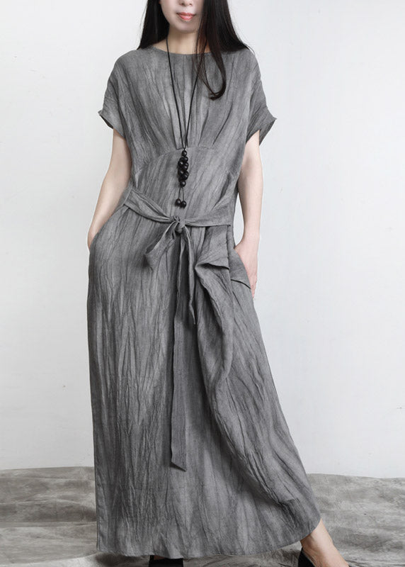 Boho Grey O-Neck Pockets wrinkled Tie Waist Linen Long Dresses Short Sleeve