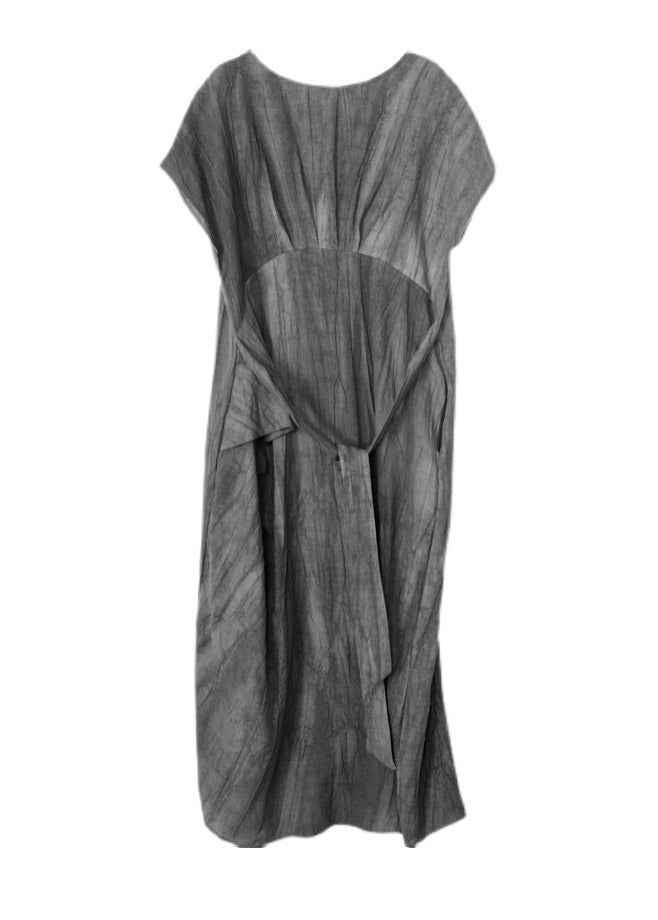 Boho Grey O-Neck Pockets wrinkled Tie Waist Linen Long Dresses Short Sleeve