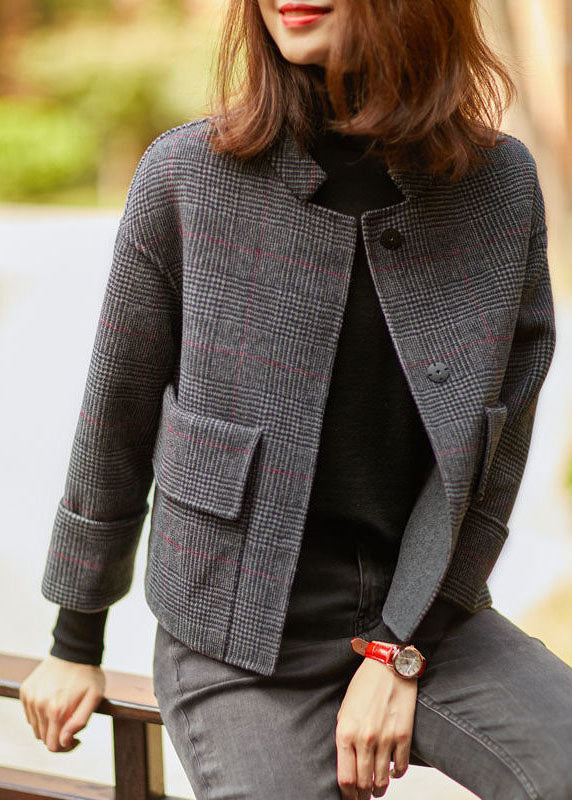 Boho Grey Plaid retro Loose Pockets Button Fall Winter Coat