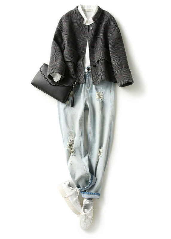 Boho Grey Plaid Retro Loose Pockets Button Fall Winter Coat