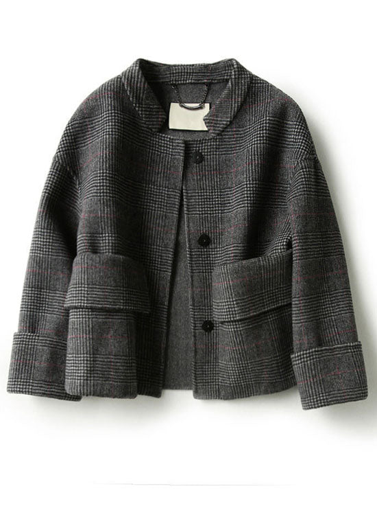 Boho Grey Plaid Retro Loose Pockets Button Fall Winter Coat