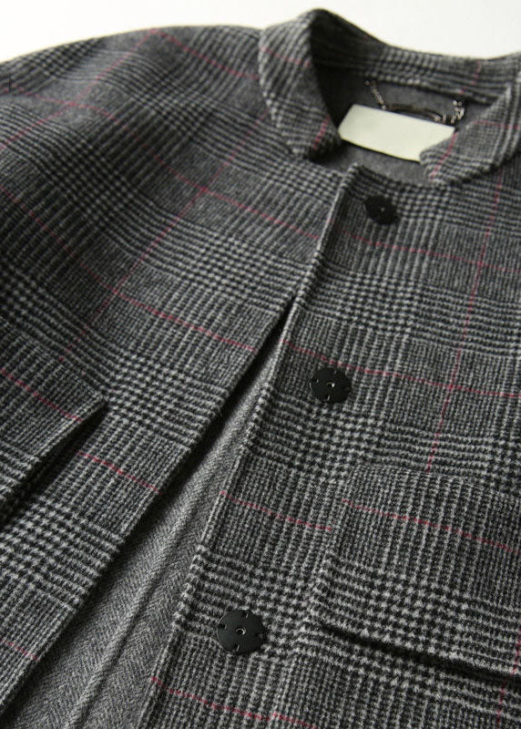 Boho Grey Plaid Retro Loose Pockets Button Fall Winter Coat
